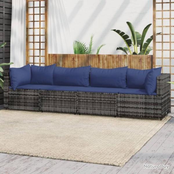 Salon de jardin 4 pcs avec coussins Gris Rsine tresse