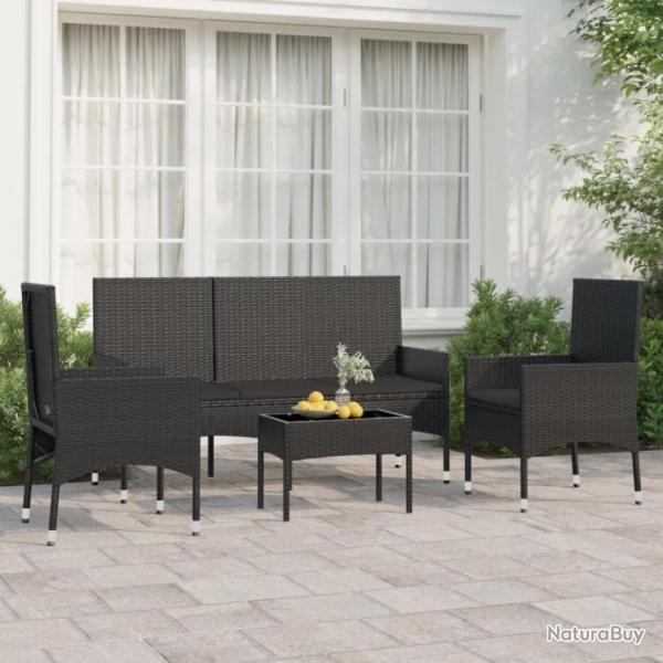 Salon de jardin 4 pcs avec coussins Noir Rsine tresse