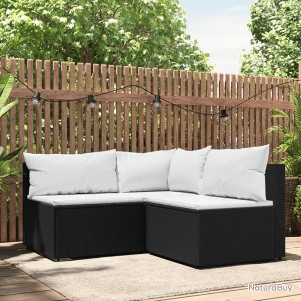 Salon de jardin 3 pcs avec coussins Noir Rsine tresse