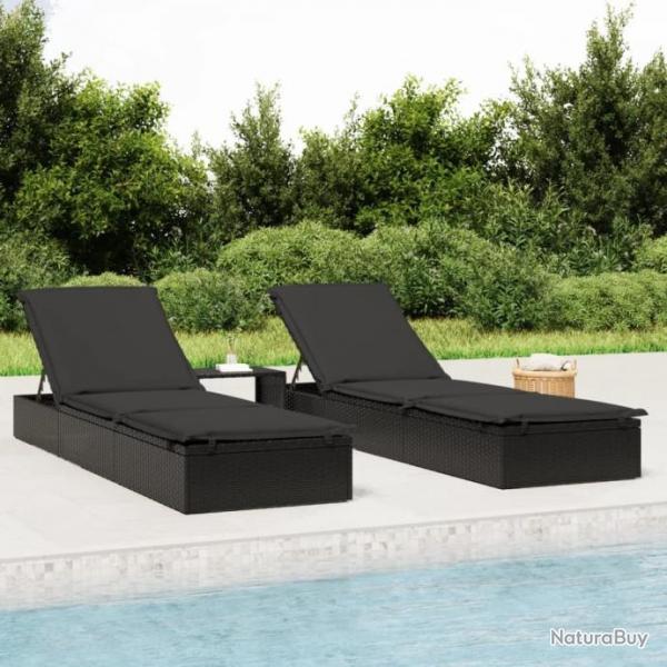 Transats 2 pcs avec table noir rsine tresse