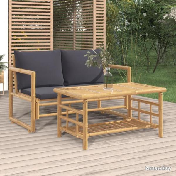 Salon de jardin 2 pcs avec coussins gris fonc bambou