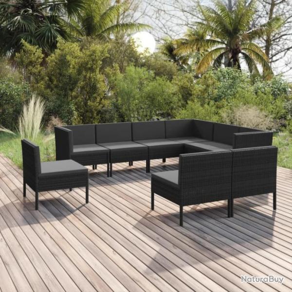 Salon de jardin 9 pcs avec coussins Rsine tresse Noir