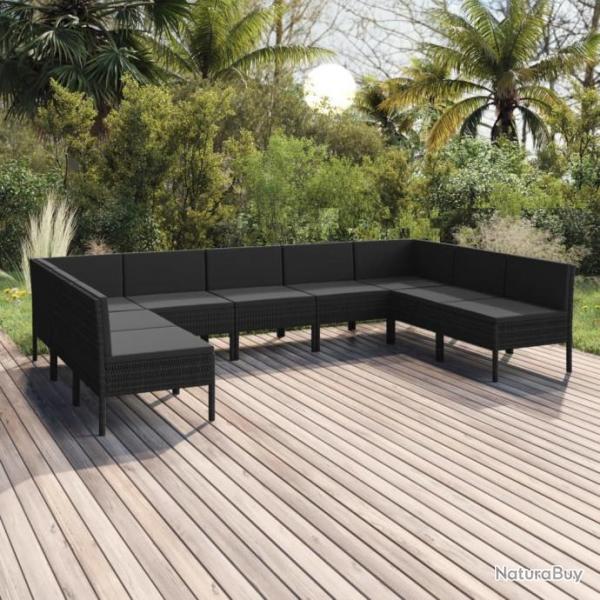 Salon de jardin 9 pcs avec coussins Rsine tresse Noir