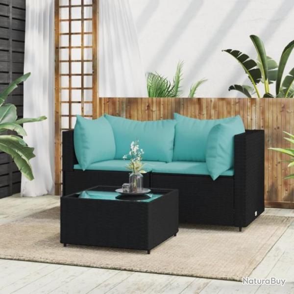 Salon de jardin 3 pcs avec coussins Noir Rsine tresse