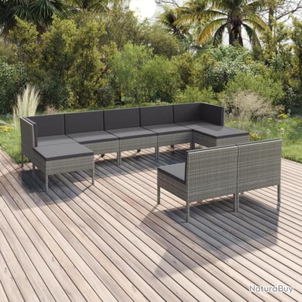 Salon de jardin 9 pcs avec coussins Rsine tresse Gris