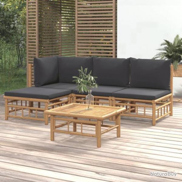 Salon de jardin 5 pcs avec coussins gris fonc bambou