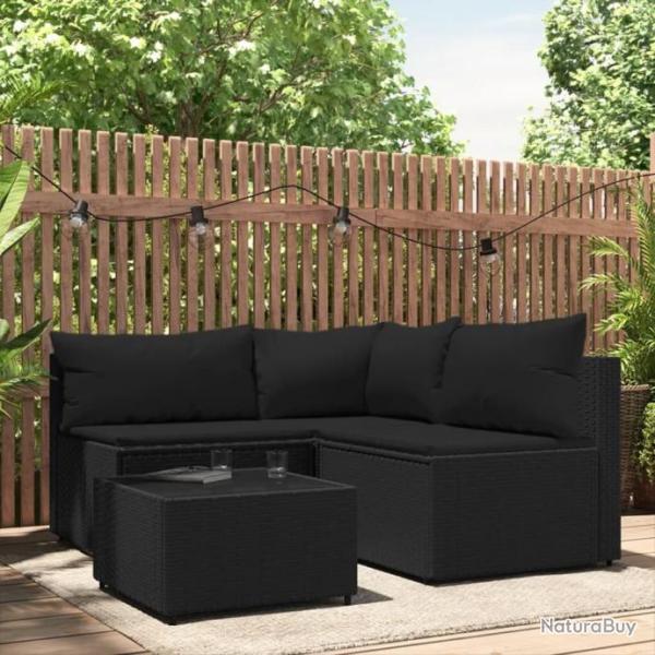 Salon de jardin 4 pcs avec coussins Noir Rsine tresse