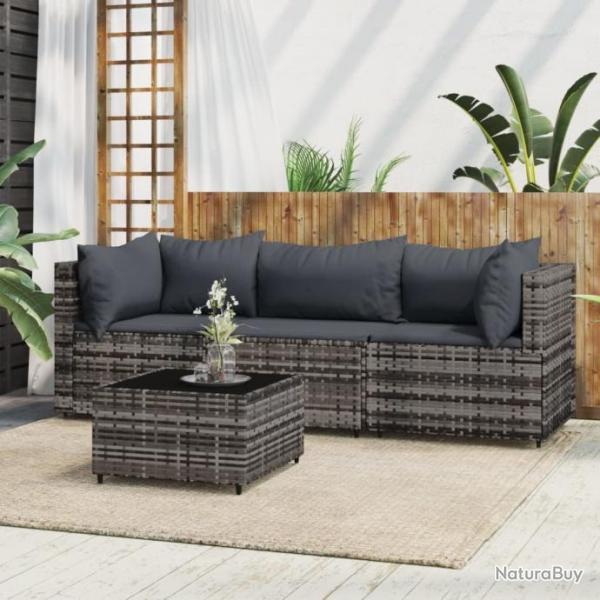 Salon de jardin 4 pcs avec coussins Gris Rsine tresse