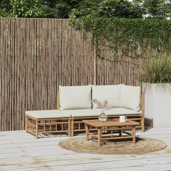 Salon de jardin 3 pcs avec coussins blanc crme bambou