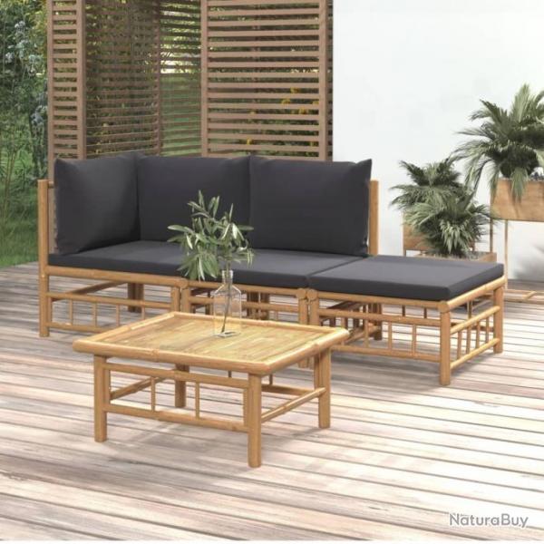 Salon de jardin 4 pcs avec coussins gris fonc bambou