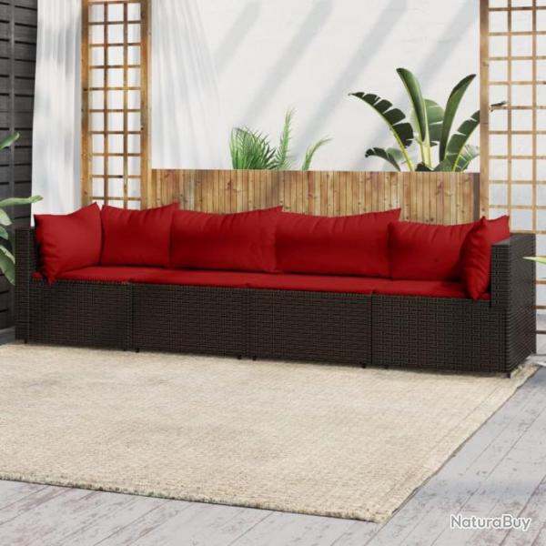 Salon de jardin 4 pcs avec coussins Marron Rsine tresse