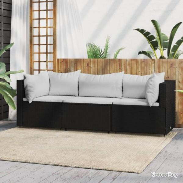 Salon de jardin 3 pcs avec coussins Noir Rsine tresse