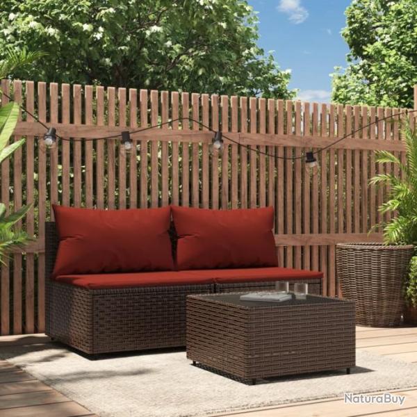 Salon de jardin 3 pcs avec coussins marron rsine tresse