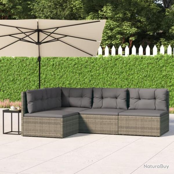 Salon de jardin 4 pcs avec coussins Gris Rsine tresse