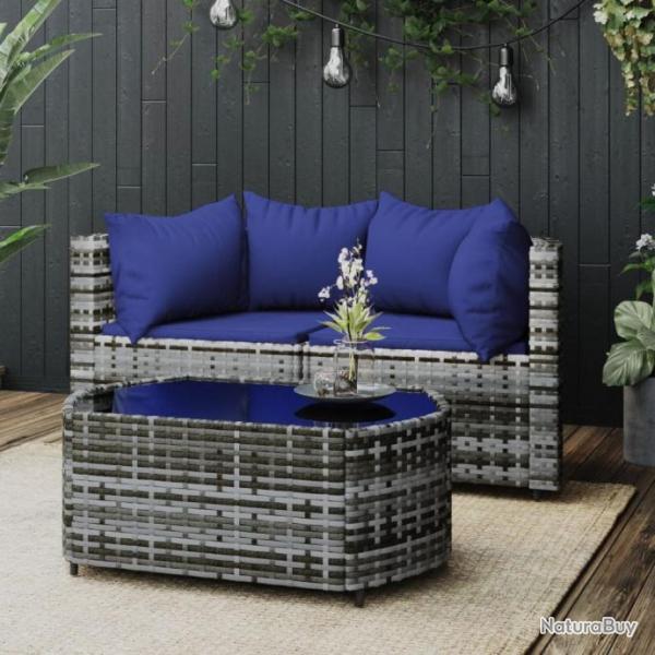 Salon de jardin 3 pcs avec coussins Gris Rsine tresse