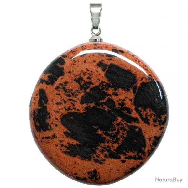 Pendentif galet plat en obsidienne acajou