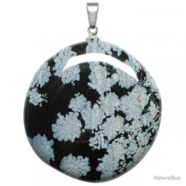 Pendentif galet plat en obsidienne neige