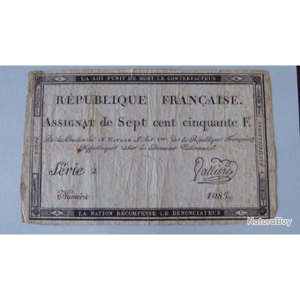 TRES RARE ASSIGNAT DE 750 FRANCS LAF 174 SERIE 2 SIGNATURE  VALLIERES / 186000 EXEMPLAIRES