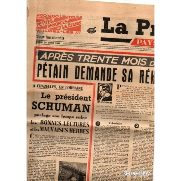 marchal ptain journal la presse 30 mars 1948 ptain demande sa rhabilitation, journal authentique