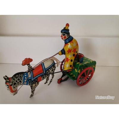 Jouet En Tôle Ancien - Clown Sur Charrette Avec Cheval (Cirque, Remontage Mécanique)