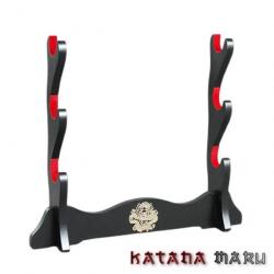 Support pour 3 katana / wakizashi / tanto. Bois noir avec velours rouge
