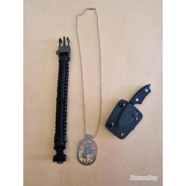 Lot bracelet paracorde noir + couteau EDC + pendentif de survie