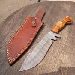 Grand Couteau DAMAS Manche en Bois avec Fourreau en cuir