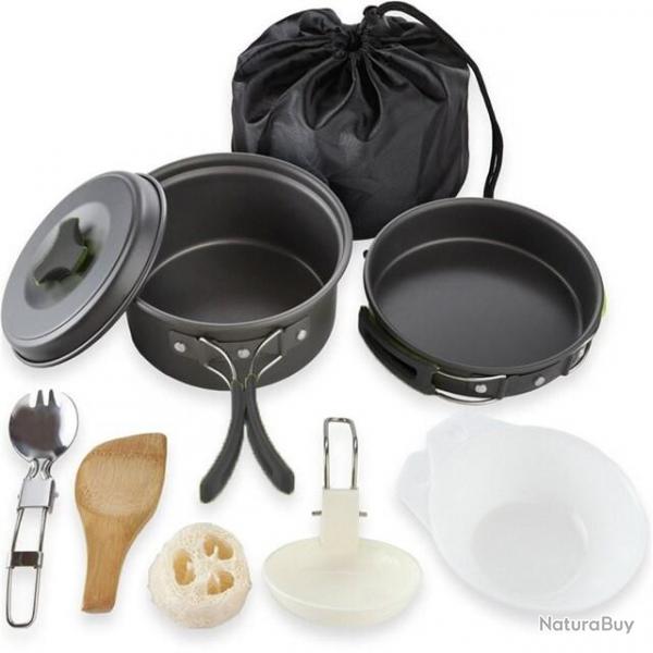 PROMOTION !! Kit de cuisine pour camping et bivouac 9 en 1 Marmite noir + Pole + bol + couverts