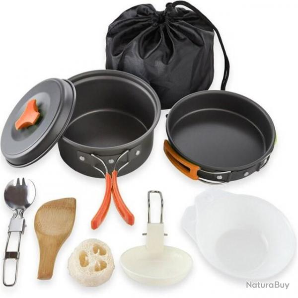 PROMOTION !! Kit de cuisine pour camping et bivouac 9 en 1 Marmite orange + Pole + bol + couverts