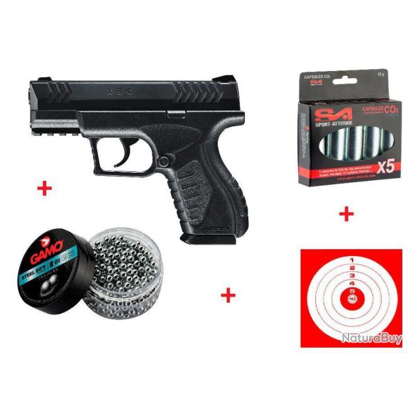 Pack Pistolet CO2 Umarex XBG noir cal. 4,5 mm + 5 Co2 + 500 Billes Gamo + 10 Cibles - Destock Tir