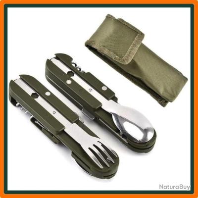 6 en 1 en Acier Inoxydable Pliant coutellerie,Kit Couverts de Camping,avec poignée en bois,Couvert Camping Multifonction,Vaisselle de Voyage avec Poche ,pour Voyage,Camping