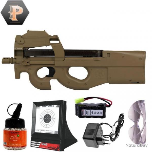 Rplique airsoft FN P90 FDE Red dot AEG ABS 68bbs + chargeur + batterie + billes + cible + lunette