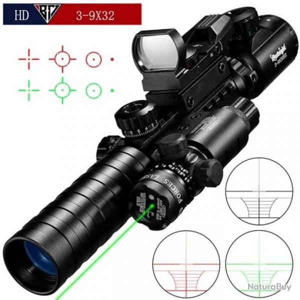 Lunette de tir 3-9x32EG rticule lumineux + laser vert + Point rouge et vert holographique