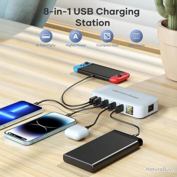 Chargeur USB Multiples avec Affichage  LED, Chargeur USB 8 Ports Station de Charge USB
