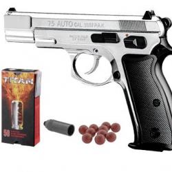 Pack défense Pistolet à blanc Kimar 75 - Chrome - 9mm PAK + 50 Munitions + Embout Self Gomme