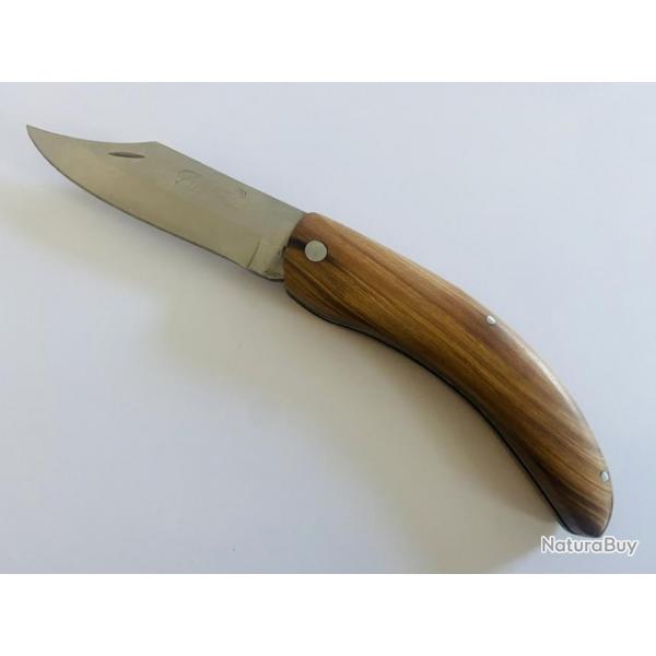 Couteau de poche Berger lopard Manche en bois de teck .