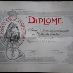 DIPLOME SOCIETE ROYALE SAINT HUBERT CHASSE A COURRE CHIEN BRUXELLES 1949