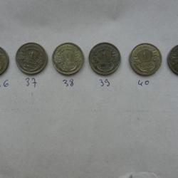 lot de 6 pièces de monnaie de 1 franc  1936 à 1941