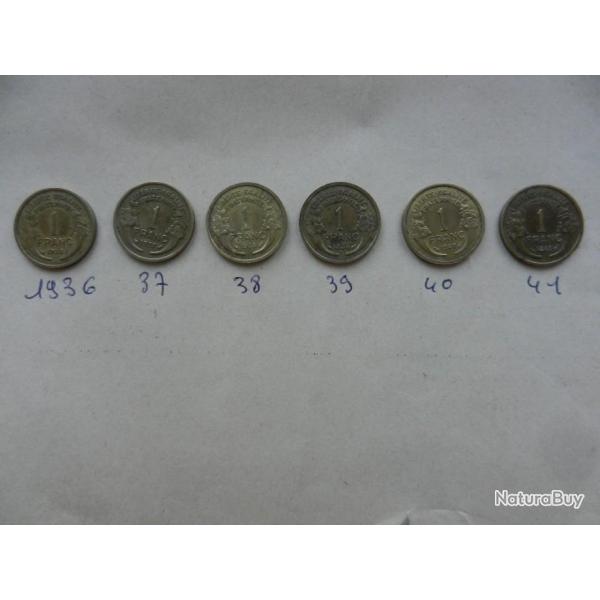 lot de 6 pices de monnaie de 1 franc  1936  1941