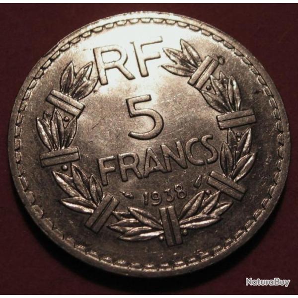 France trs belle piece et rare de 5 Francs Lavrillier en nickel de 1938