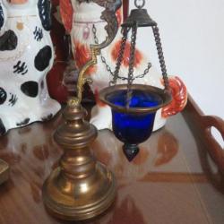 VINTAGE - Auncienne Lampe veilleuse Bronze/Laiton doré avec verre de couleur bleu (Epoque XIXéme)