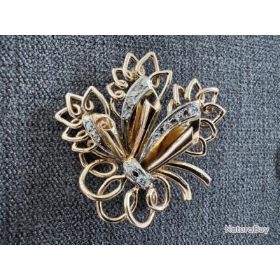Broche Ancienne Or 18 Carats Diamants Rubis Saphir - Motif Roseaux - France