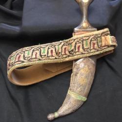 poignard couteau yemen jambiya avec ceinture brode poignet corne