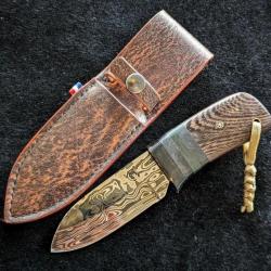 Couteau artisanal damas « l'étourneau » étui cuir