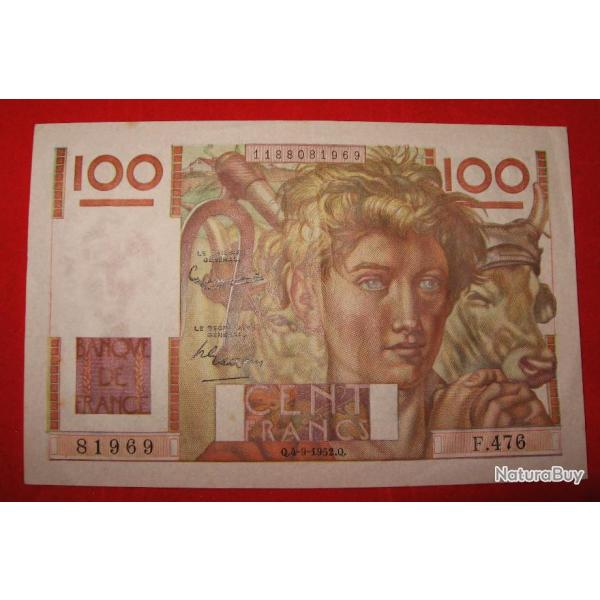 France billet de 100 Francs (jeune paysan) du 4-9-1952 TTB++