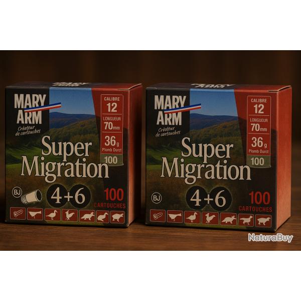 Cartouches Cal.12 Mary Arm Super Migration 36g BJ plomb n4+6 - 200 cartouches - Pack conomique