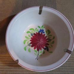 VINTAGE - Ancien plat saladier en céramique à décor floral peint a la main(XXé)