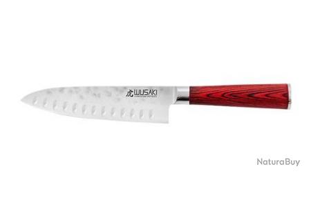 Couteau Japonais Santoku Wusaki Pakka - Couteau Santoku lame Acier  X50CrMoV15 170 mm manche pakkawood rouge