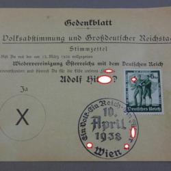 Anschluss - Feuillet commémoratif du référendum Autriche (1938) timbre Allemagne.