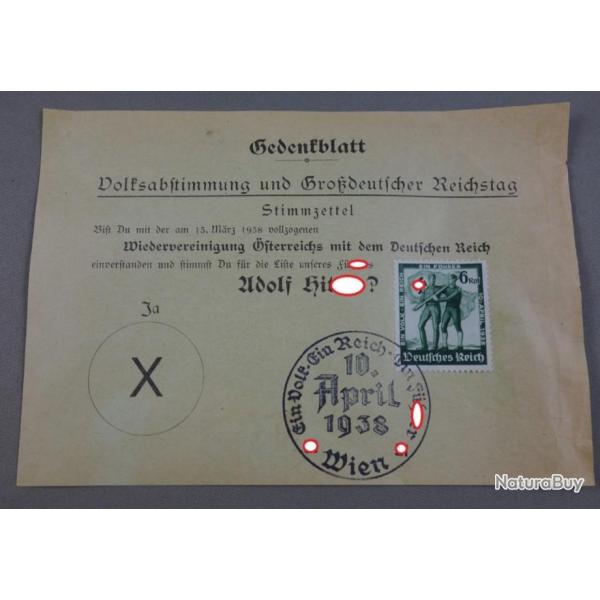 Anschluss - Feuillet commmoratif du rfrendum Autriche (1938) timbre Allemagne.